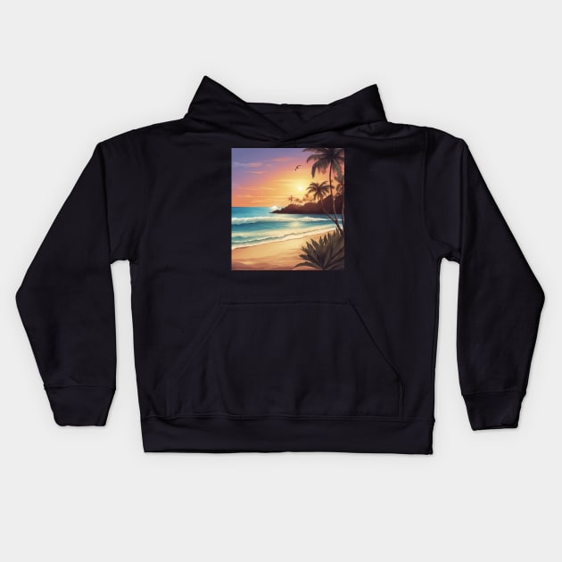 Sunkissed Serenity: Sunset on the Tropical Shore Kids Hoodie by Thompson Prints